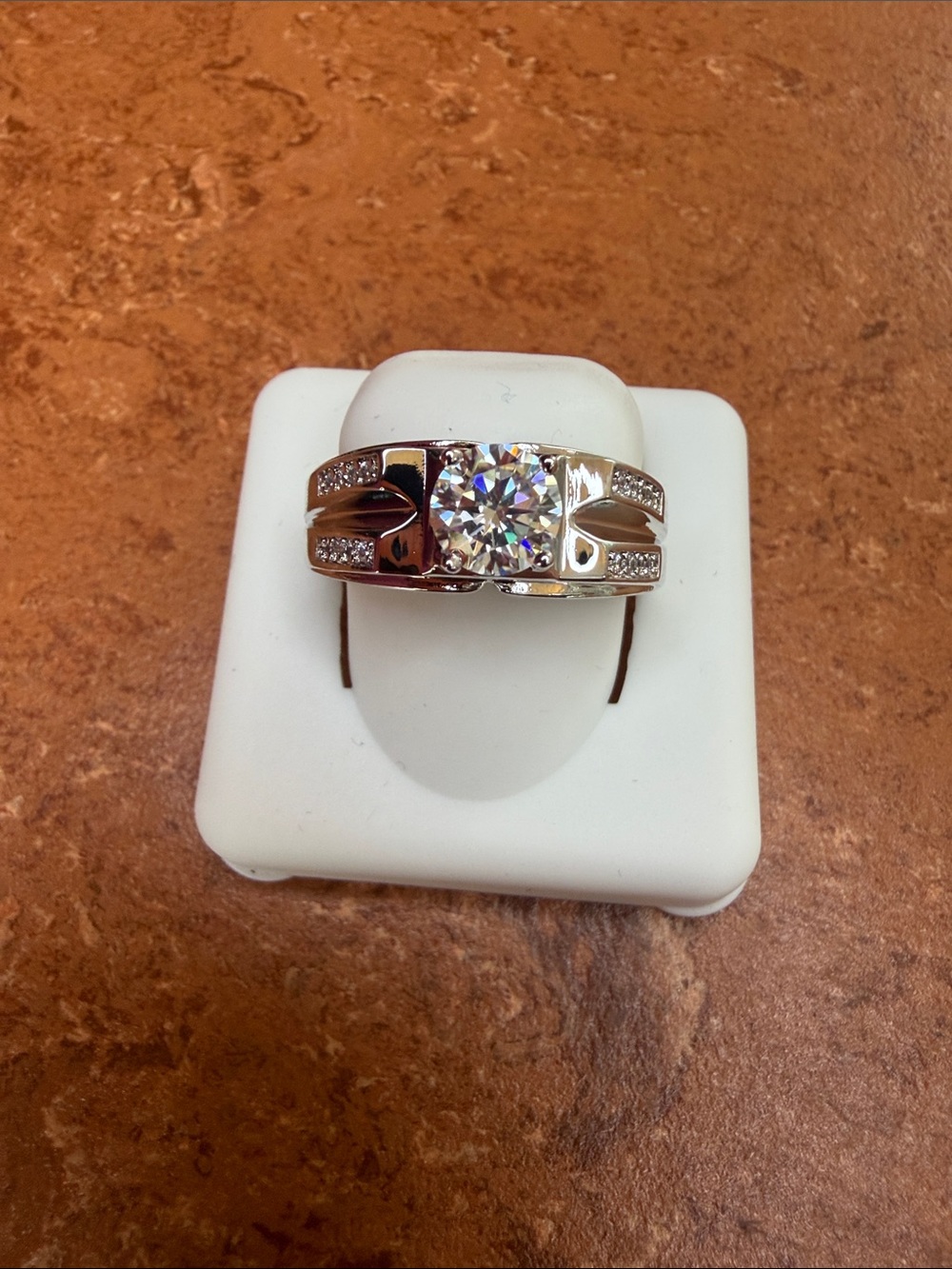 Men's Moissanite Silver Band Ring with Clear Center Stone - Adj Size 9-13